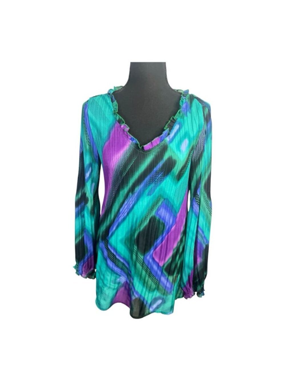Vintage 90s Allison Taylor Blue Purple Blouse Sz M Pleated Balloon Long Sleeve